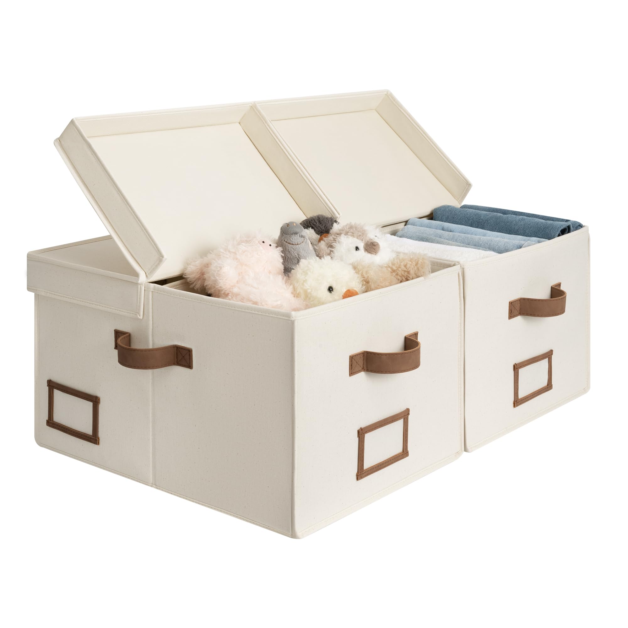 StorageWorks Extra Large Storage Boxes with Lids, Decorative Wardrobe Storage Organiser with Divider Board, Clothes Storage Basket for Bedroom, Fabric Boxes with Handles, Ivory White, 2-Pack