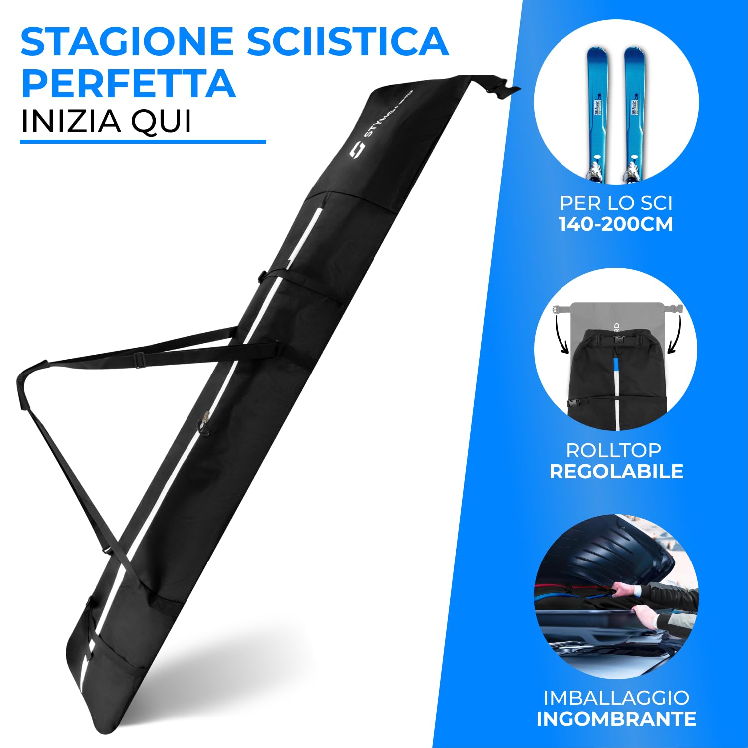STYNGARD Sacca porta sci con chiusura a rotolo [140 cm - 200 cm] - Borsa sci in materiale resistente con cerniere di alta qualità - Modello Helsinki