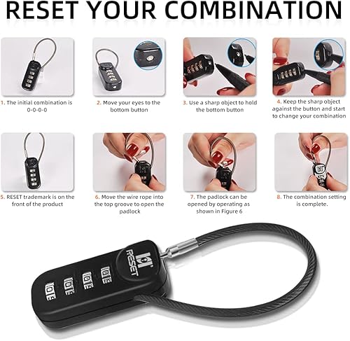Miniatura 7 de RESET -192 Candado de combinación de 4 dígitos con cable de 3.9 in (4 pulgadas), cerradura de viaje para equipaje, maleta, equipaje, mochila, caja