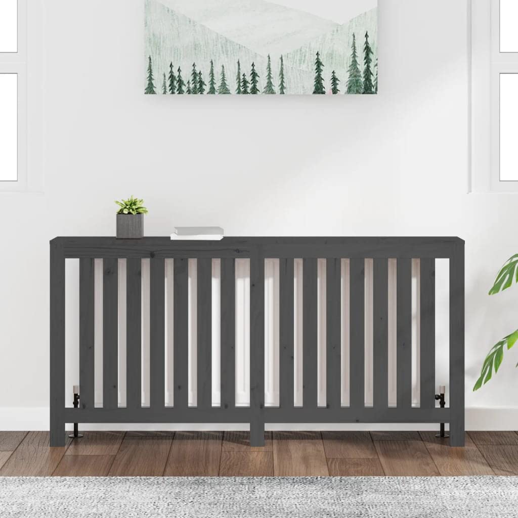 Revestimiento para radiador gris de madera de pino maciza, 169 x 19 x 84 cm, con listones verticales, práctico estante para sala de estar y baño, cubierta de calefacción de bajo consumo