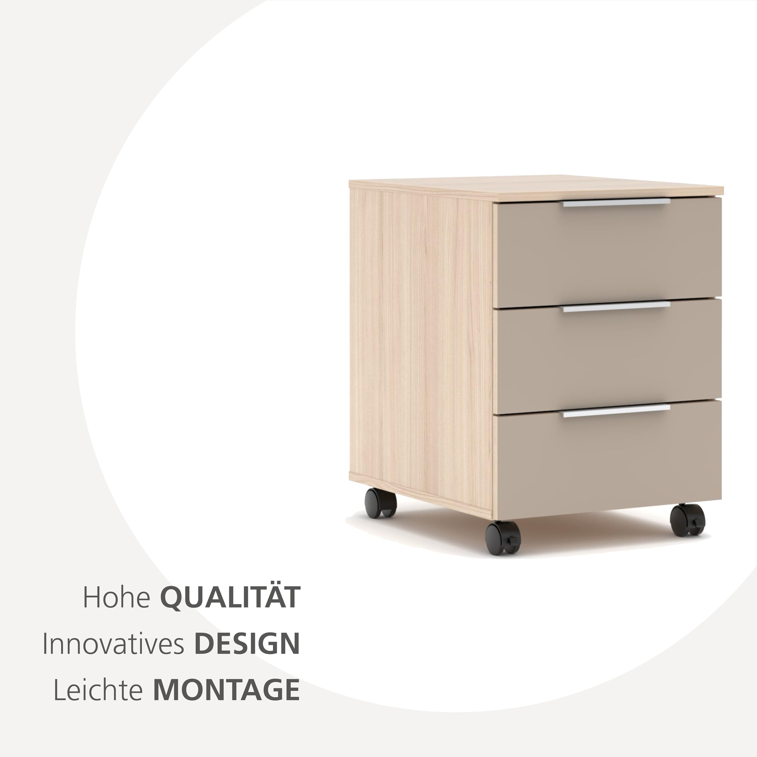 SANTORIN Rollcontainer Schreibtisch Büroschrank Cashmere Riva Eiche | 45 x 61 x 55 cm (B/H/T), Büro, 3 Schubladen, Glasfronten, 4 Rollen davon 2 mit Bremse, Metallgriffe, mit Stauraum
