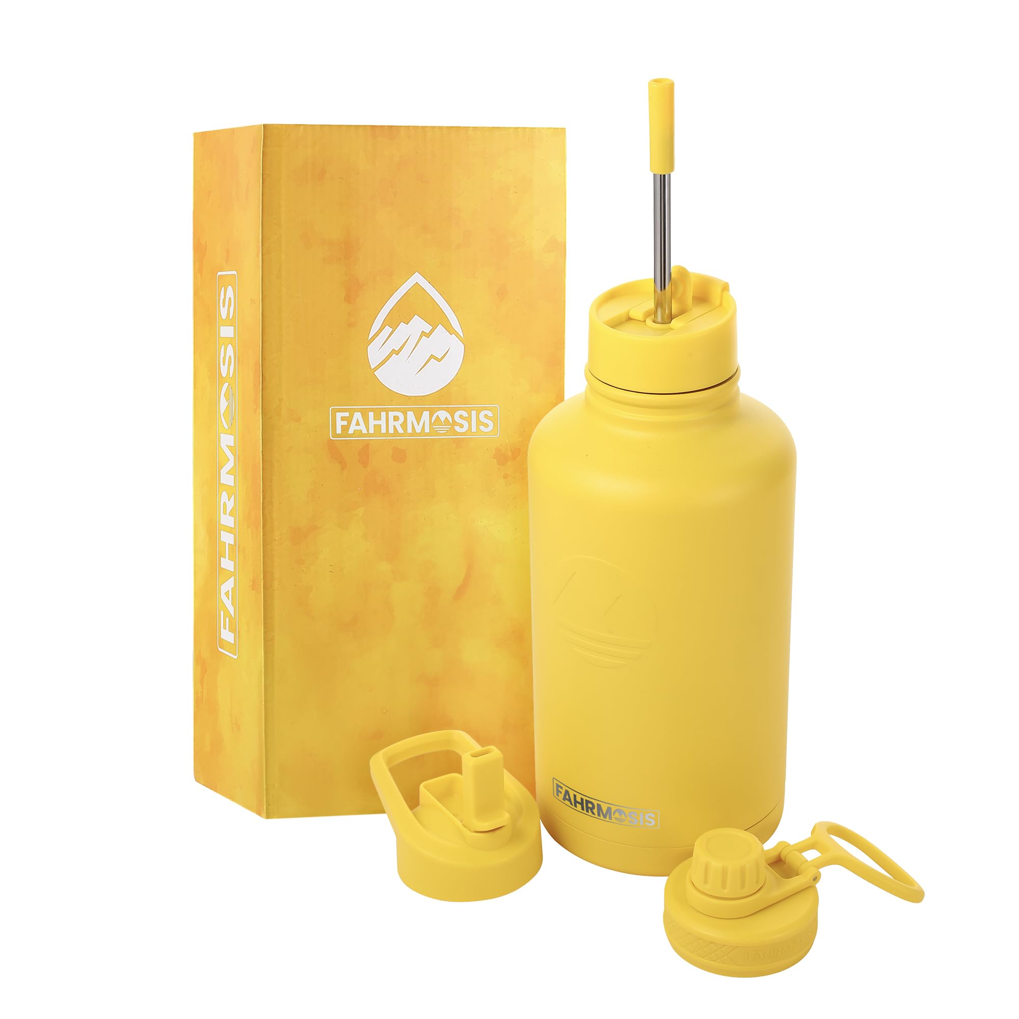 Fahrmosis Men's Yellow 64 Oz Water Bottle With Straw Stainless Steel Sports Water Bottle With 3 Lids (Straw, Chug And Flip Lid) Leak Proof Metal Half Gallon Jug For & Wo