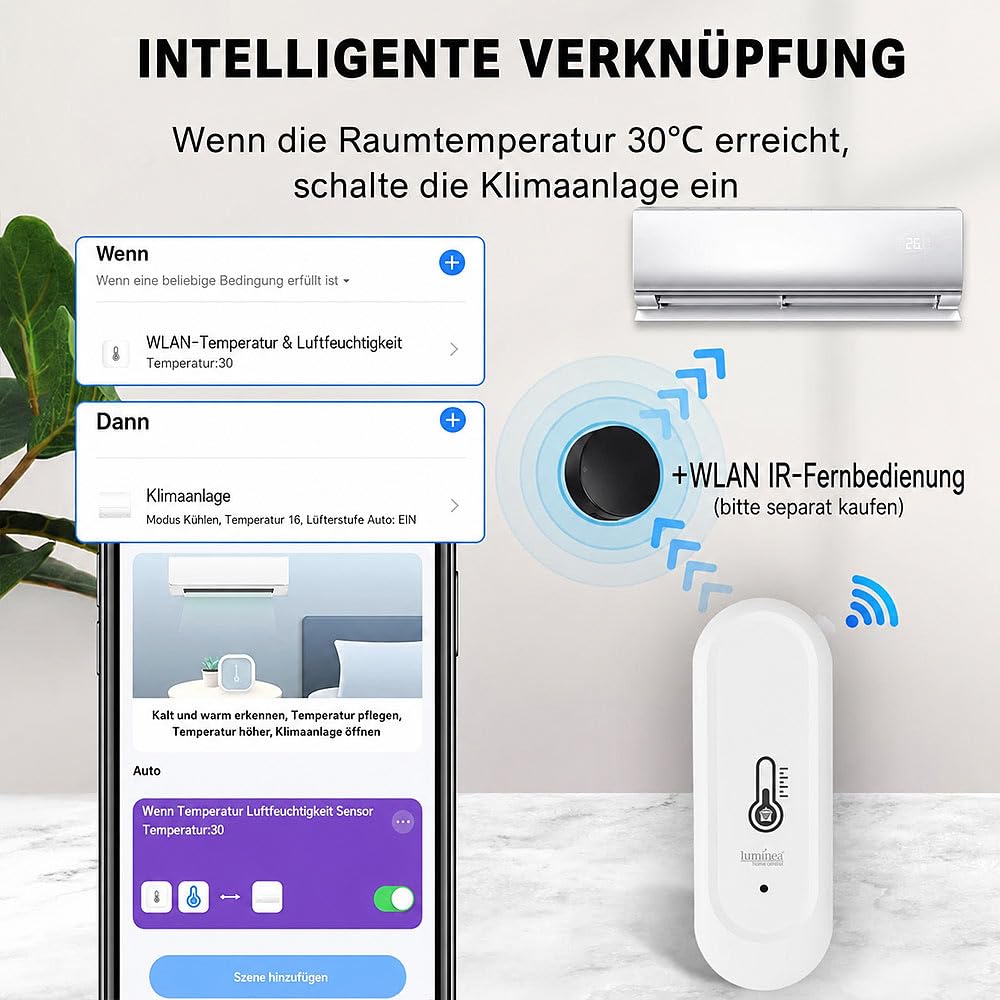 Luminea Home Control Temperatur Sensoren: 4er-Set WLAN-Außen- und Innen-Temperatur- und Luftfeuchtigkeitssensor (Thermometer Funk, Thermometer Hygrometer Funk, WC)