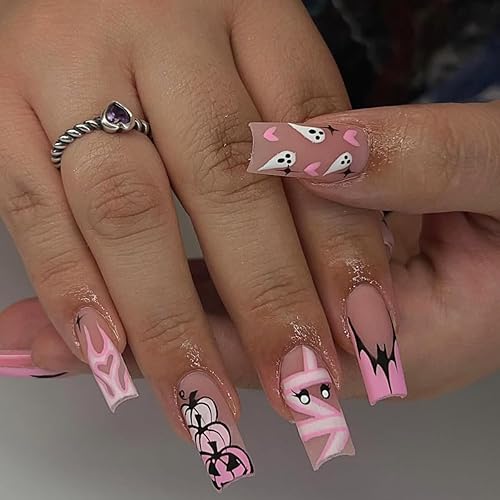 Halloween Press on Nails Medium Square Pink French Fake Nails
