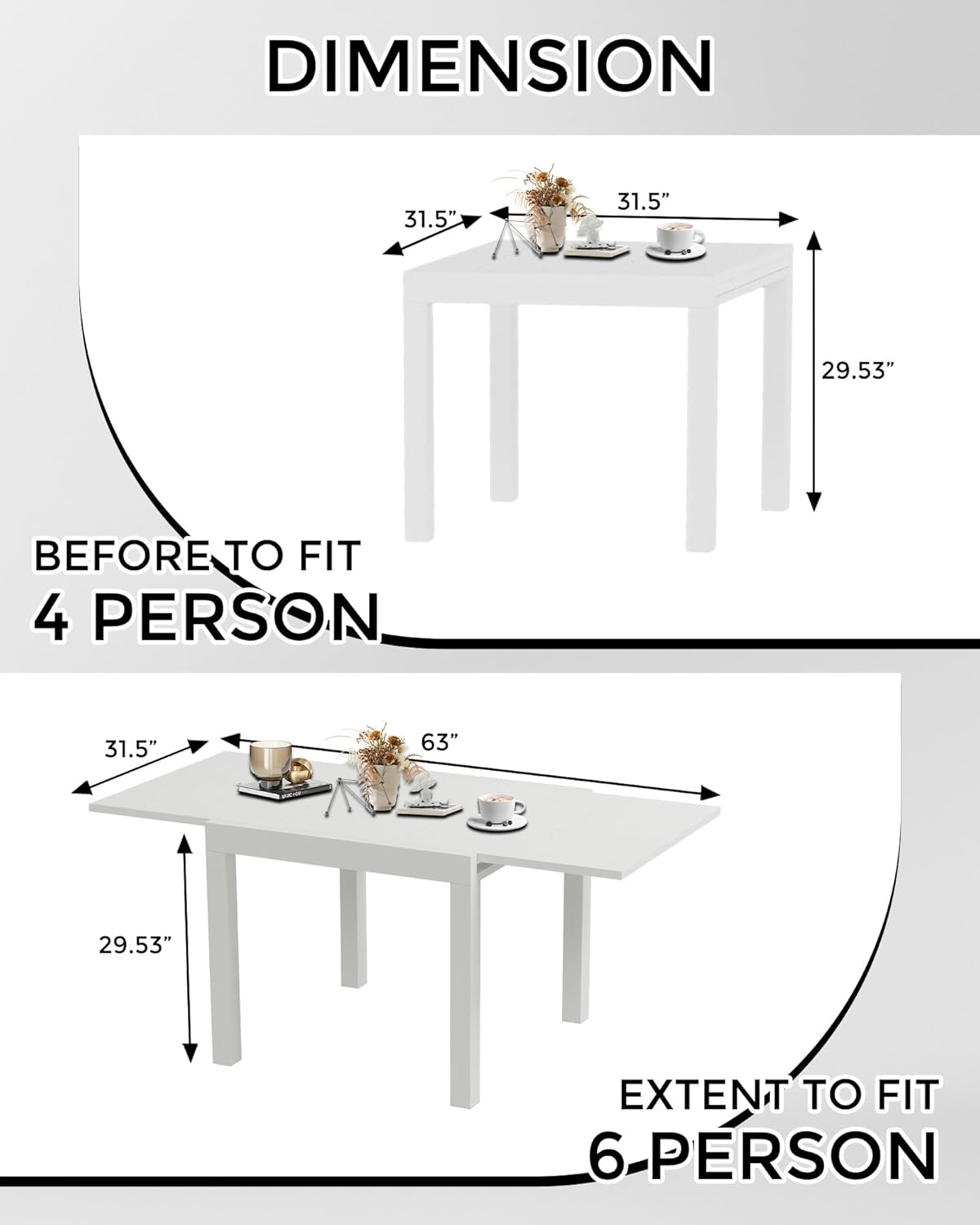 GarveeLife Extentable Outdoor Dining Table Set for 4-6 Persons, 31.5-63 in Expandable Patio Table, Rectangular Aluminum Frame, Woodgrain Tabletop, for Person Porch Deck Garden,White