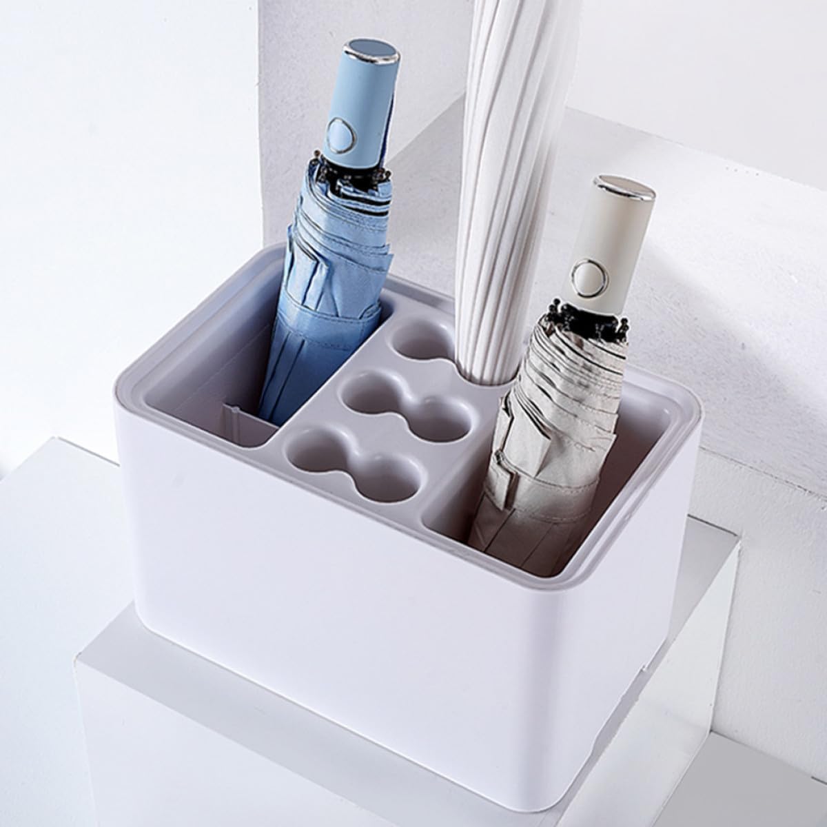 Multi-use Umbrella Stand with Removable Drip Tray Space-Saving Entryway Storage Rack for Wet and Dry Umbrellas Canes Rounded Corners Pearl White Finish Home and Office Organizer