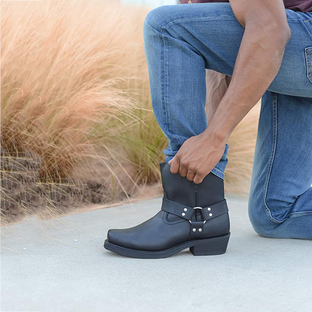 Stivali Western da Uomo Punta Quadrata Stivaletto Biker con Cerniera,Nero,44 EU