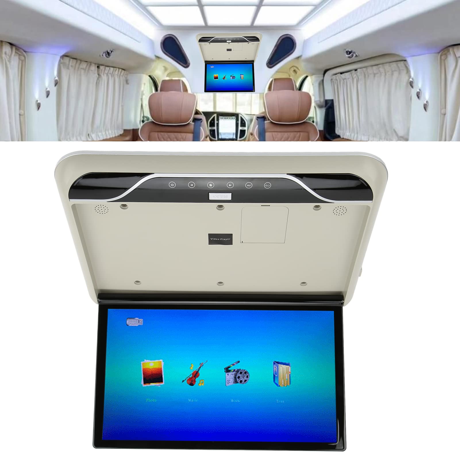 Cahead Lecteur Vidéo, 45 cm Cahead Moniteur Voiture Montage Plafond Écran LCD Pliable 1080P 16 Couleurs Contrôle Tactile Atmosphère Lumière Entrée USB (Gris)