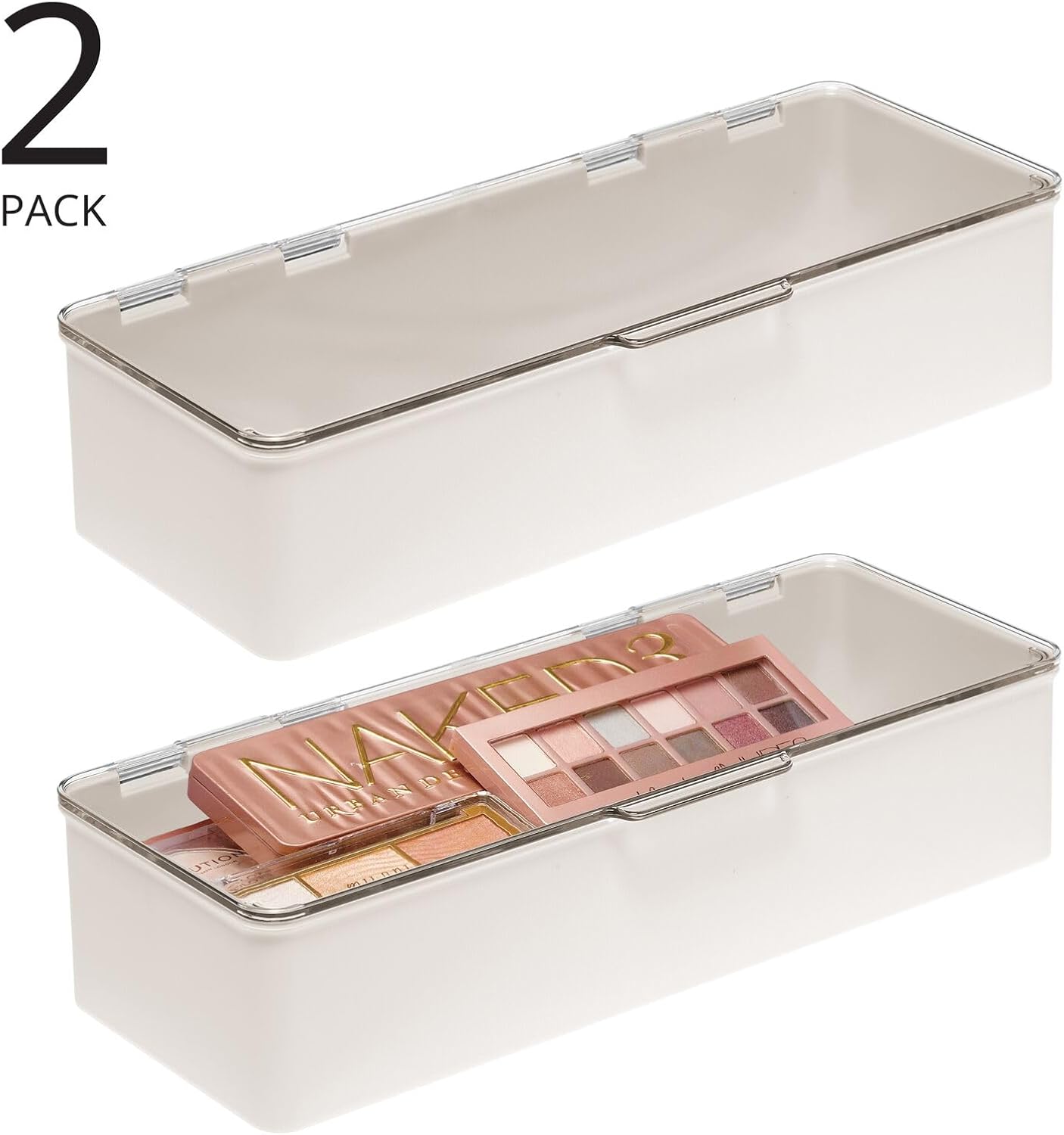 mDesign Long Plastic Cosmetic Storage Organizer Box Containers, Hinged Lid for Bedroom, Bathroom Vanity Shelf or Cabinet, Holds Masks, Palettes, Lotion, Nail Polish, 2 Pack, Cream/Beige/Clear