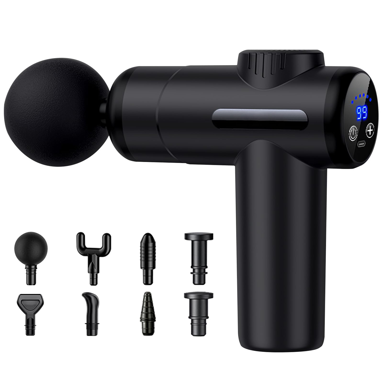 Bizcasa Pistola de Masaje Muscular,99 Velocidades,8 Cabezales de Masaje,Pantalla LCD Táctil, Carga Tipo-C,Ultra Silencioso Eléctrica Masajeador de Músculos para Aliviar el Dolor Muscular Fatiga