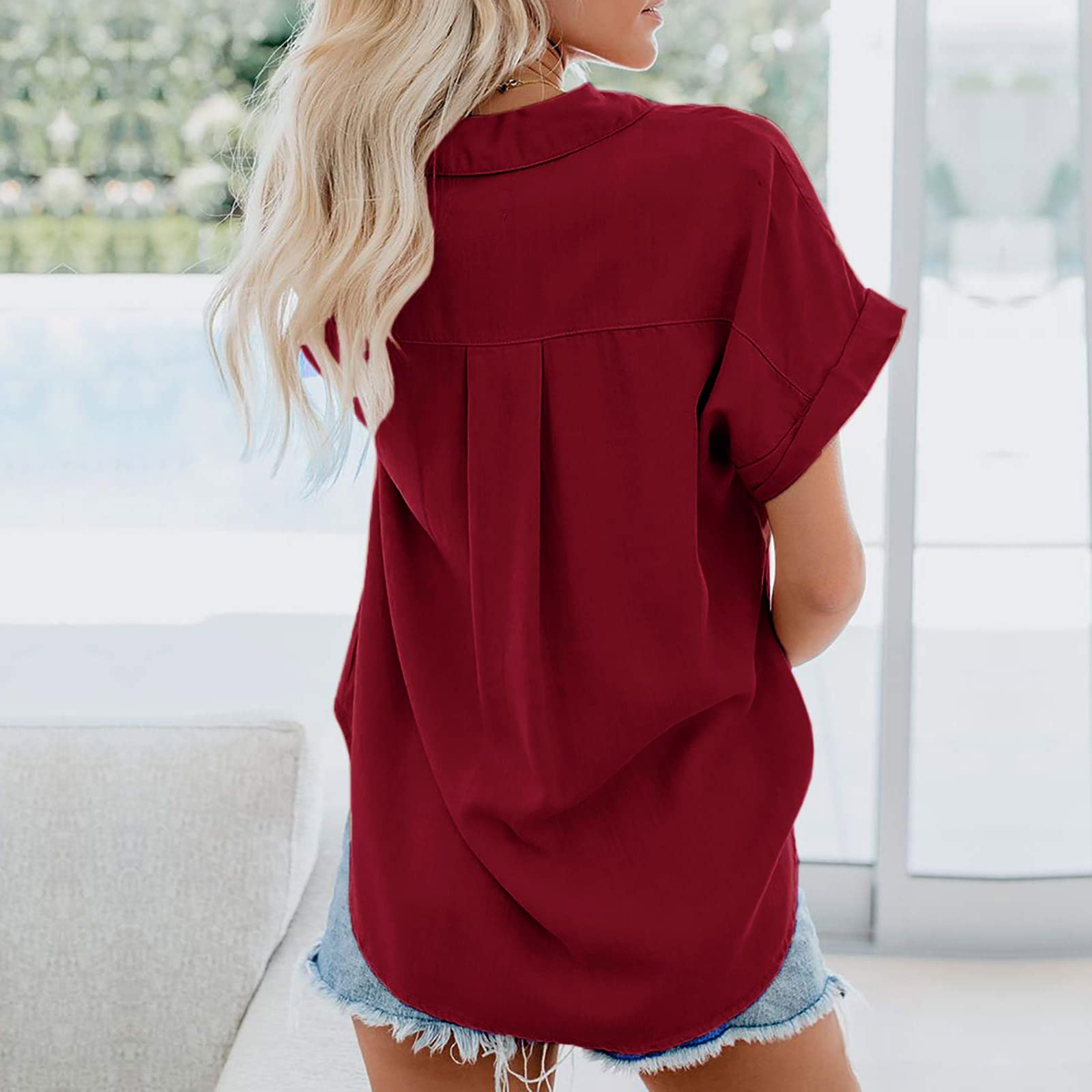 Xnova Chemisier Femme Manches Courtes Col V Chemise T-Shirt Été Couleur Unie Élégant en Mousseline Boutons avec Poche Casual Chic Short-Sleeve Blouse Tops