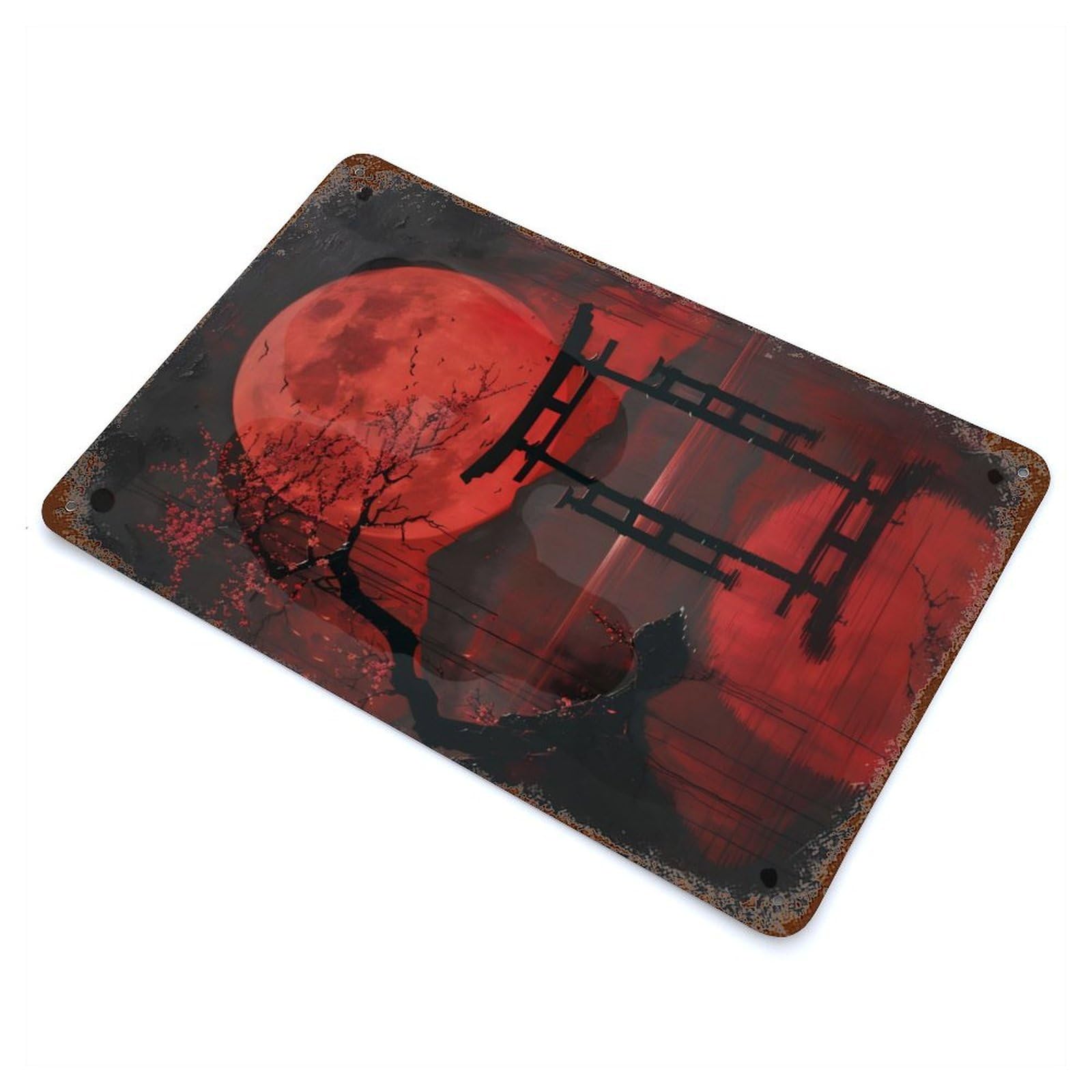 Red Full Moon Holy Lake Rusty Metal Tin Sign 11.8"x7.9", for Living Room, Hallway And Home Decor, Old School Wall Decor