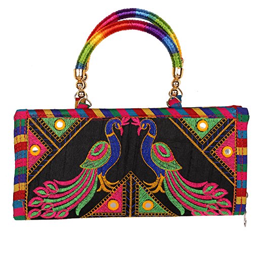 Craft Trade Bolsos de Embrague para Mujer Rajasthani Bordado a Mano Jaipuri Art Bolso de Hombro Indio Bolso de Embrague Negro para Regalos de