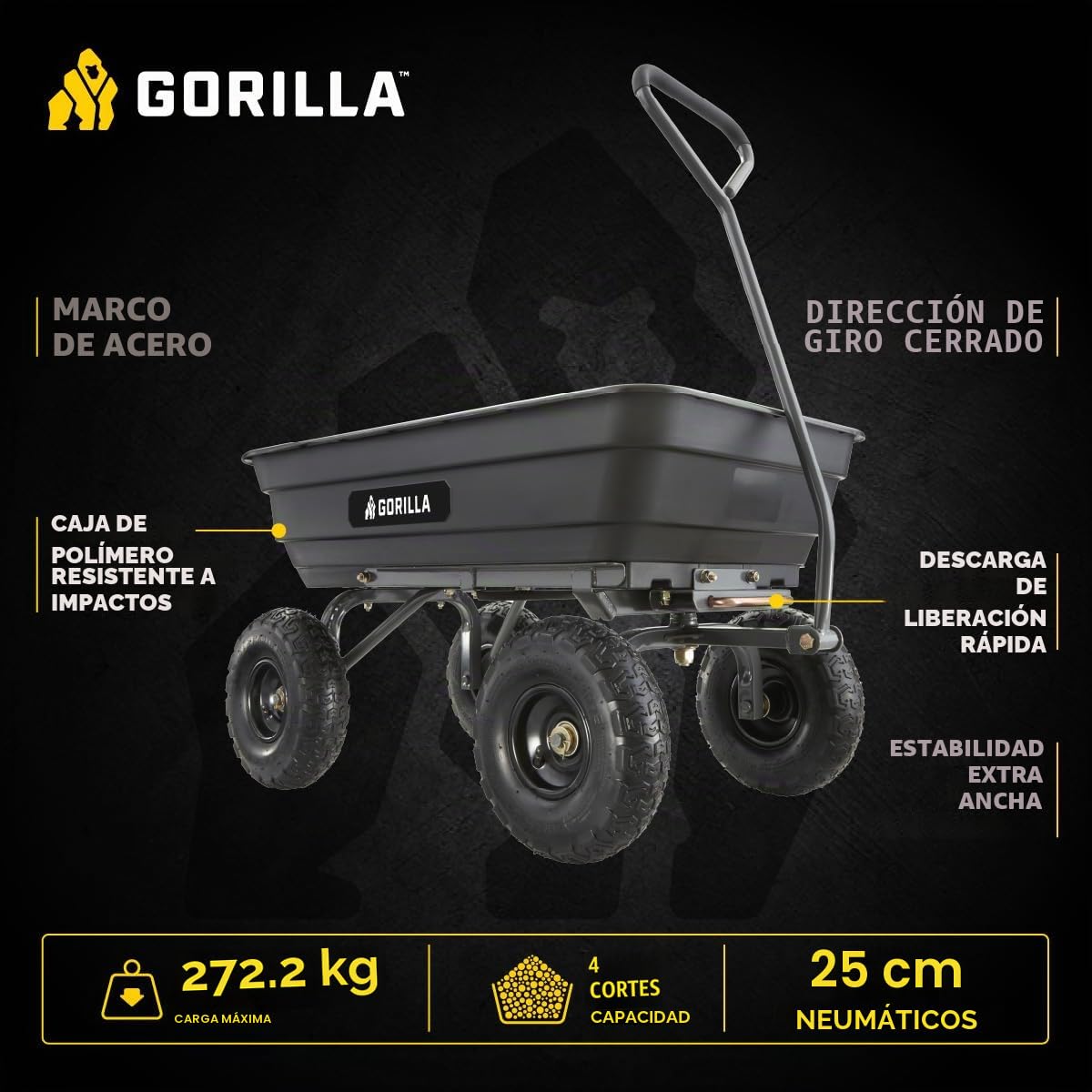 Gorilla Carts Carrito utilitario con Marco de Acero, Capacidad de 272 Kilos y neumáticos de 25,40 cm
