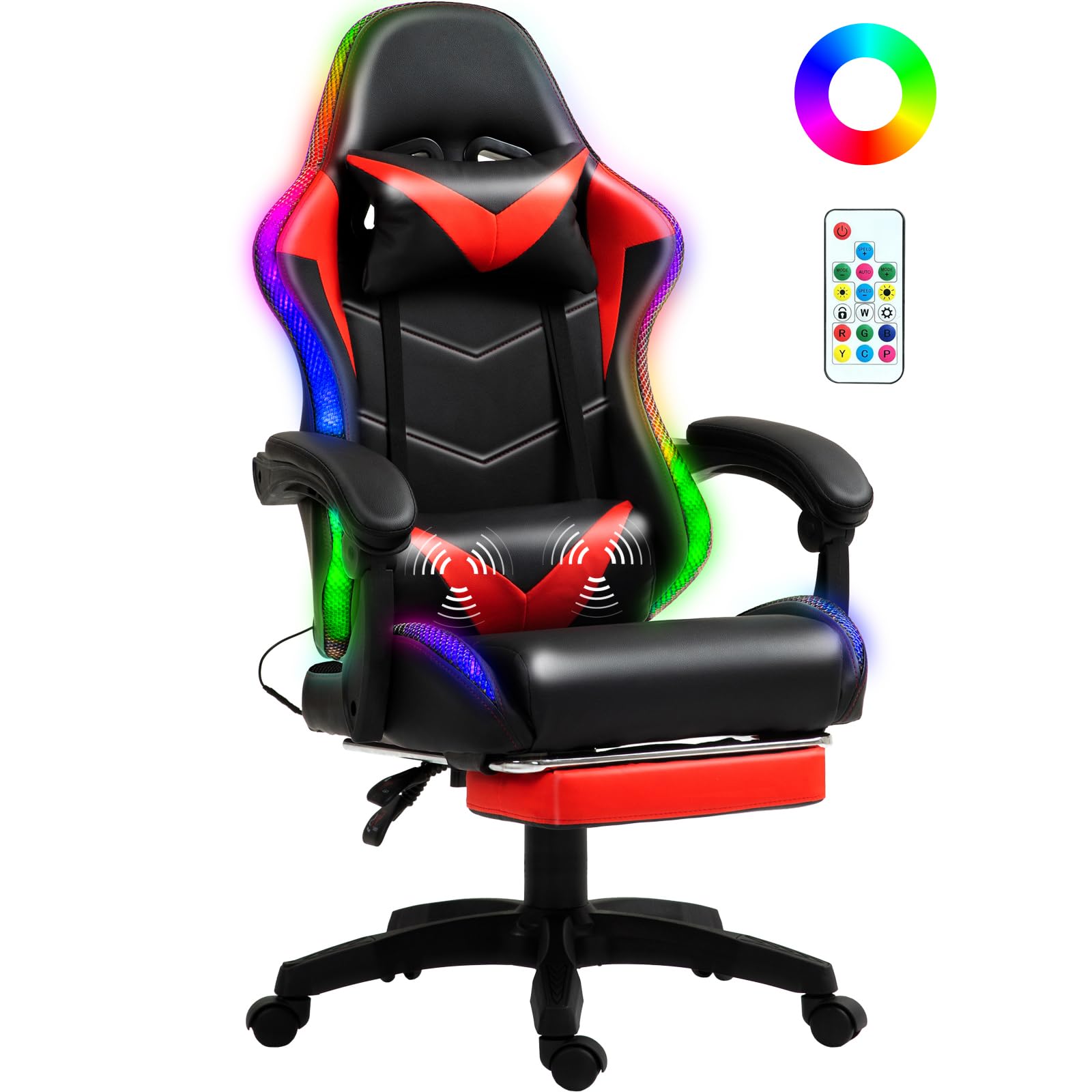 Silla Gaming con Masajeador y LED, Silla de Estilo Racing Ergonómica Reclinable con Reposapiés y Cervical,Reposabrazos Acolchados, Ruedas 360°, para Adultos y niños,Rojo