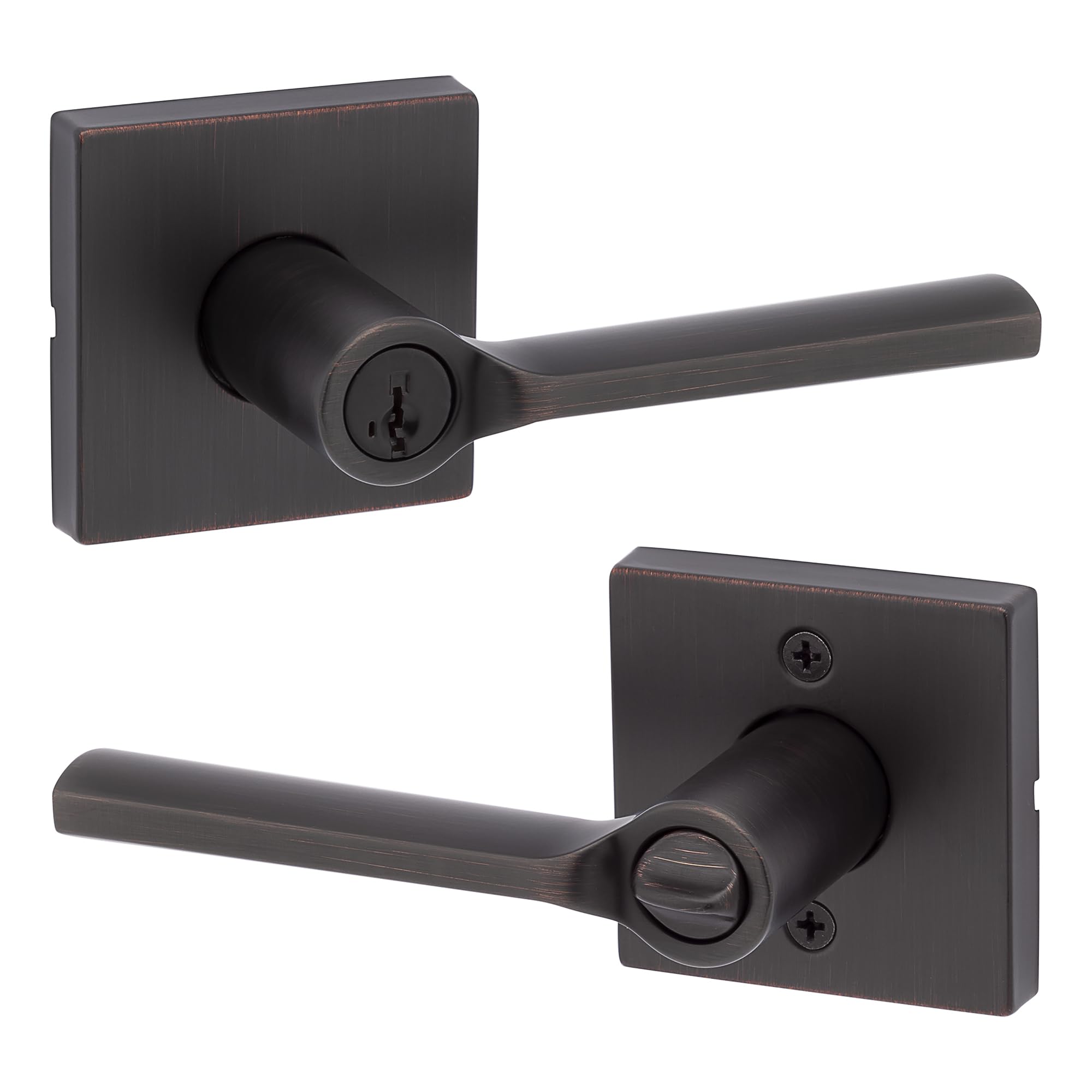 Kwikset Lisbon Square Entry Door Knob with Lock and Key, Secure Keyed Handle Exterior, Front Entrance and Bedroom, Venetian Bronze, Pick Resistant