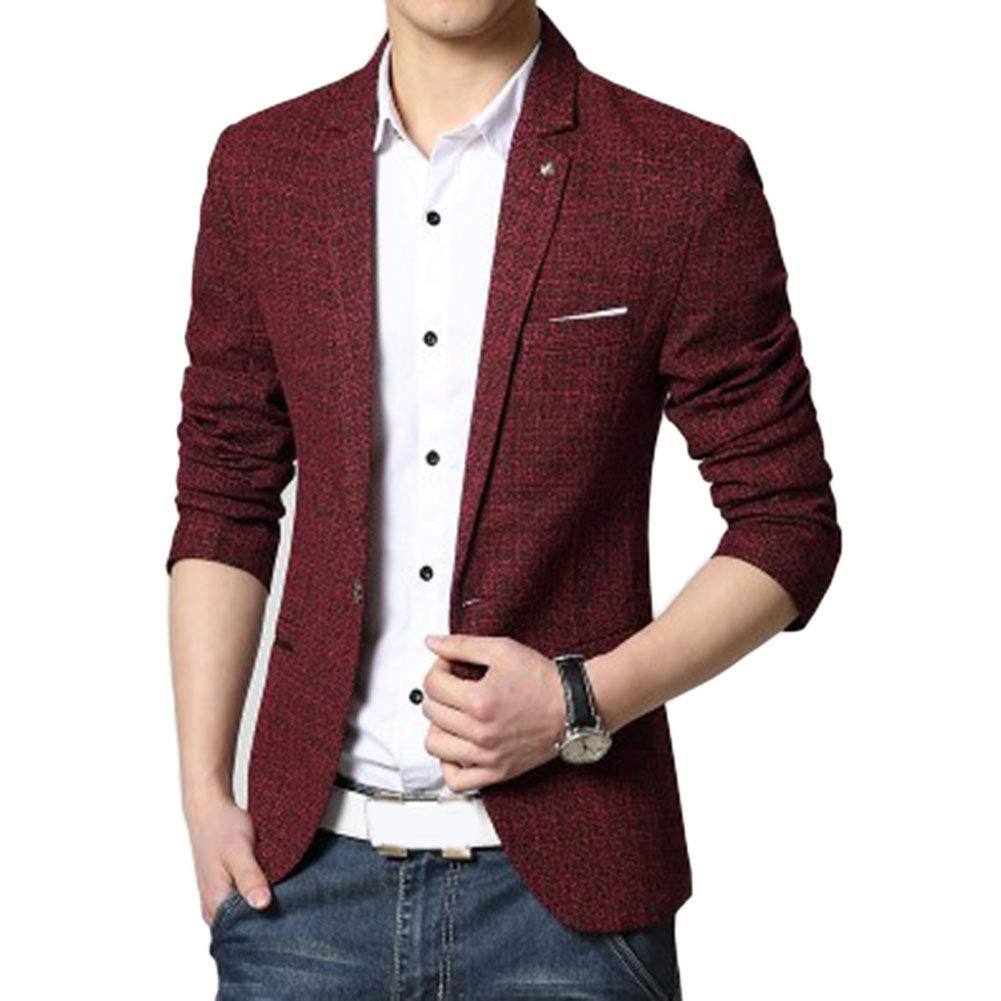 YOUCAI Mens Blazer Single Breasted One Button Slim Fit Suit Jacket Business Jacket Notch Lapel Casual Blazer Linen Blend Suits,Wine Red,M