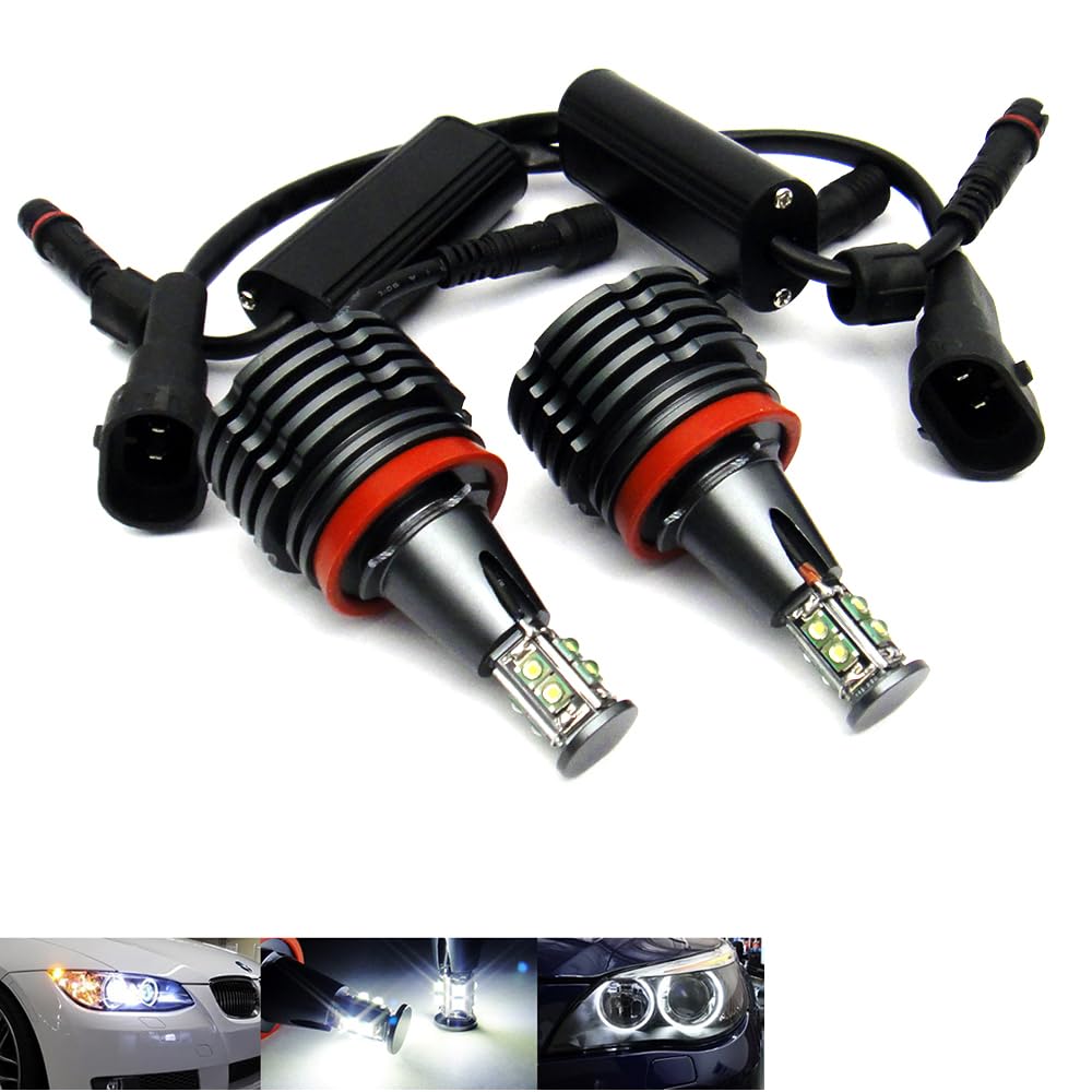 RZG Lampadine alogene ad anello Angel Eyes H8 DRL da 80 W, a LED bianchi, per E90, E92, E82, E60, E70, E71, E84, 2 pz.