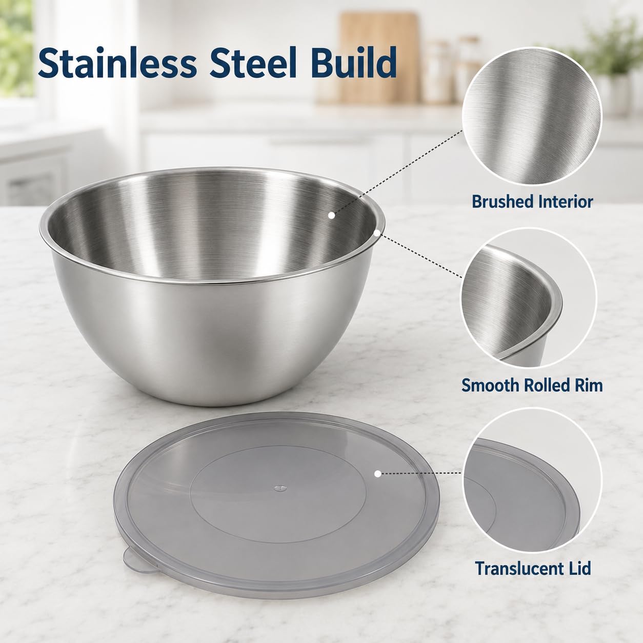 Cuencos de acero inoxidable con tapa, juego de 4 para cocina, pasta y ensalada | Aspecto de metal cepillado, cocina y pastelería, apilable con protección, para reposar masa, preparación y nevera