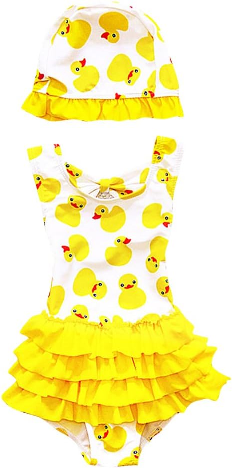 WINZIKBaby Girls One Piece Swimsuit Cute Duck Print Toddler Kids Swimwear Beachwear Bathing Suit Summer Clothes with Hat (12-18 Months, Yellow)