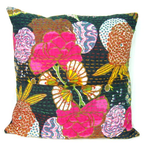 NANDNANDINI TEXTILE  Indio Negro Kantha Hecho a Mano Decorativo Funda de Almohada Indian Kantha Stitch Floal Manta Funda de Almohada Almohada Sham Fundas de cojín