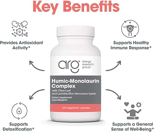 Miniatura 4 de Allergy Research Group - Complejo húmico-monolaurina - con hoja de olivo, apoyo inmunológico - 120 cápsulas vegetarianas