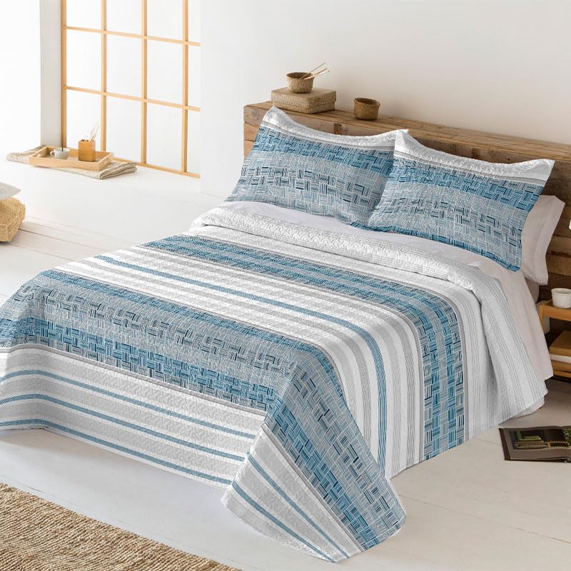 Rufino Díaz Colcha Bouti Verano Nazaré + Funda Cojín (Azul - 180 cm) - para una sensación acogedora y de Confort - Tejido Suave, Agradable y Resistente