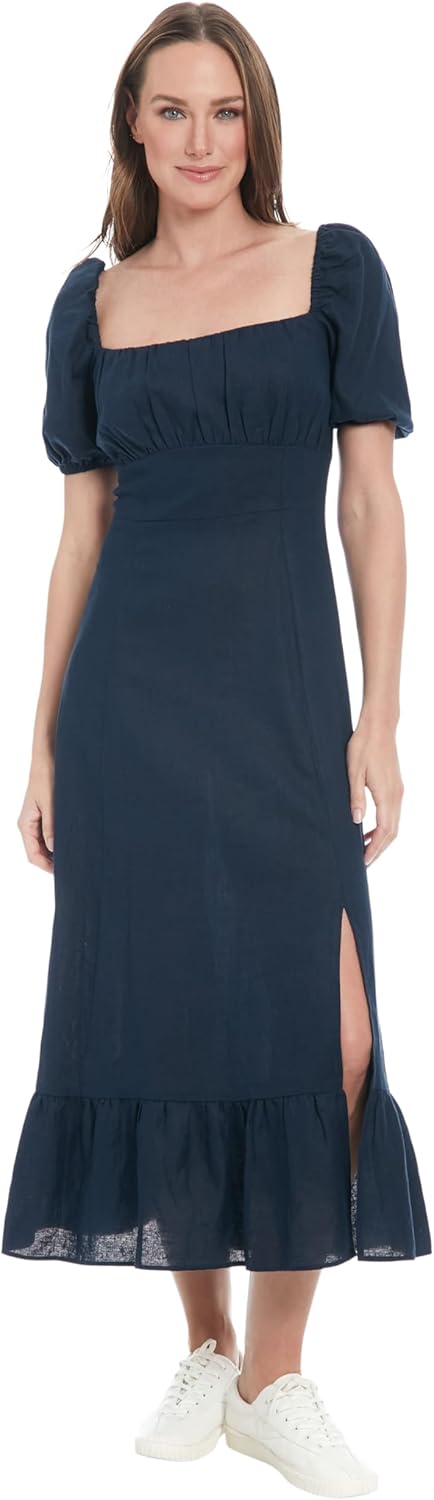 (14 - Navy) Women's Empire Waist Midi Puff Sleeves-Square Neck Ruffle Hem-Wedding Guest Dress 14 Navy Blazer