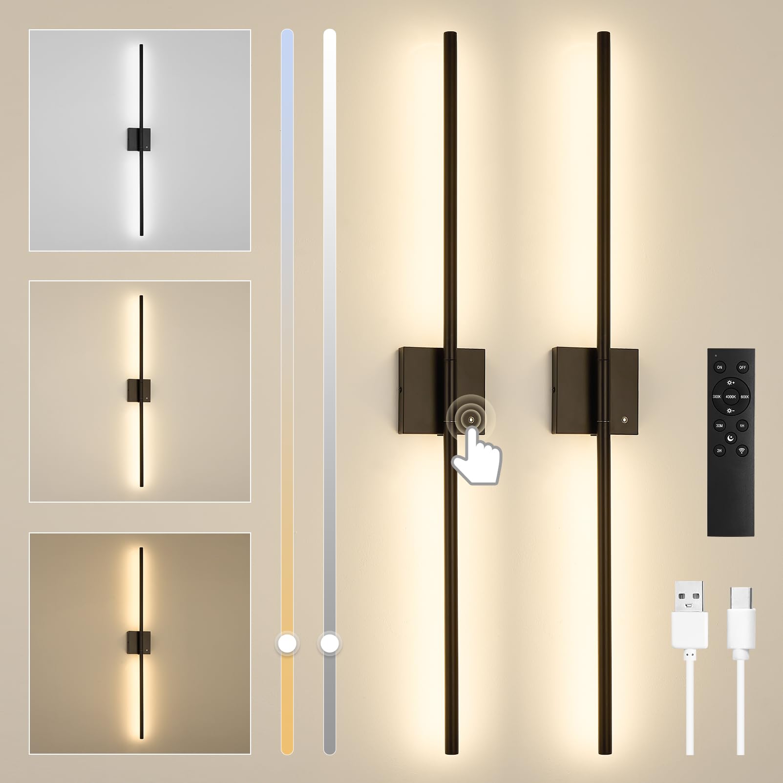 SUCIKORIO 2 Pack Battery Operated LED Wall Lights Indoor 100cm USB Rechargeable LED Wall Sconce Lamp With Remote Control Dimmable 3000K-6000K Wireless Wall Light 360° Rotation For Living Room, Bedroom