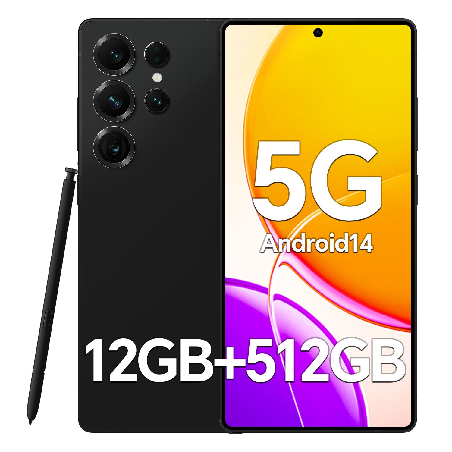 Unlocked Phones F25 Ultra, 12GB + 512GB, 5G Android 14 Phone, 6.9" OLED Display, 108MP+48MP Camera, Large Battery 5000mAh, Built-in Pen, Face ID, GPS, Dual SIM Smartphone (Black)