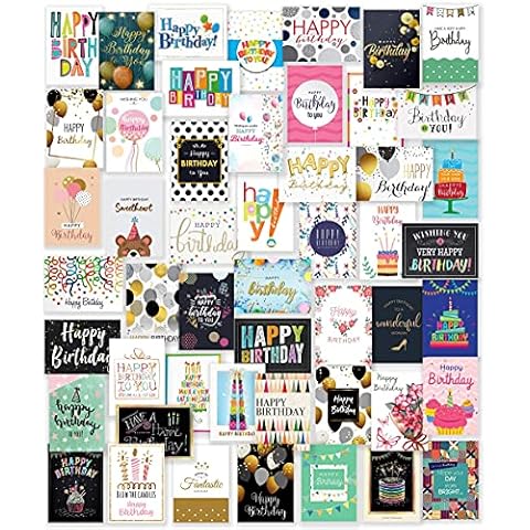 50 Unique Happy Birthday Cards Assortment Large 5x7 Inch with 25 White and 25 Brown Envelopes, Stickers and Generic Birthday Greeting Inside, Bulk, Thick Cardstock in a Sturdy Box Cover