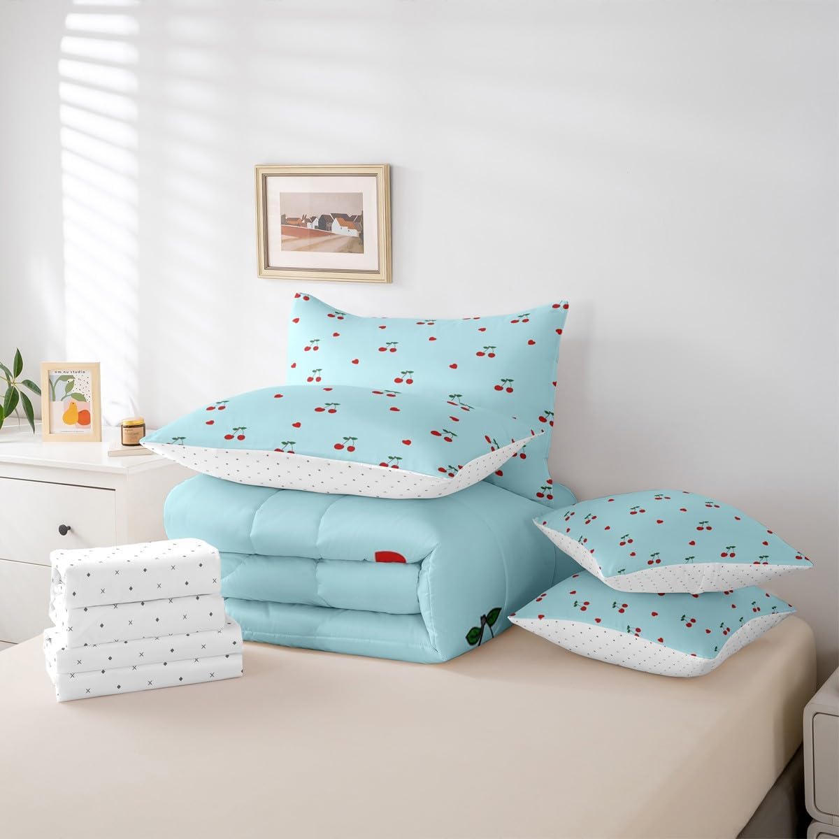 Erosebridal Kids Red Cherry 7 Pieces Bedding Set Twin,Cute Cherry Pattern Bed in a Bag,Yummy Fruit Love Hearts Bed Set Includes Comforter,Sheet Set,Pillowcases & Pillow Covers,Blue Red Bedroom Decor