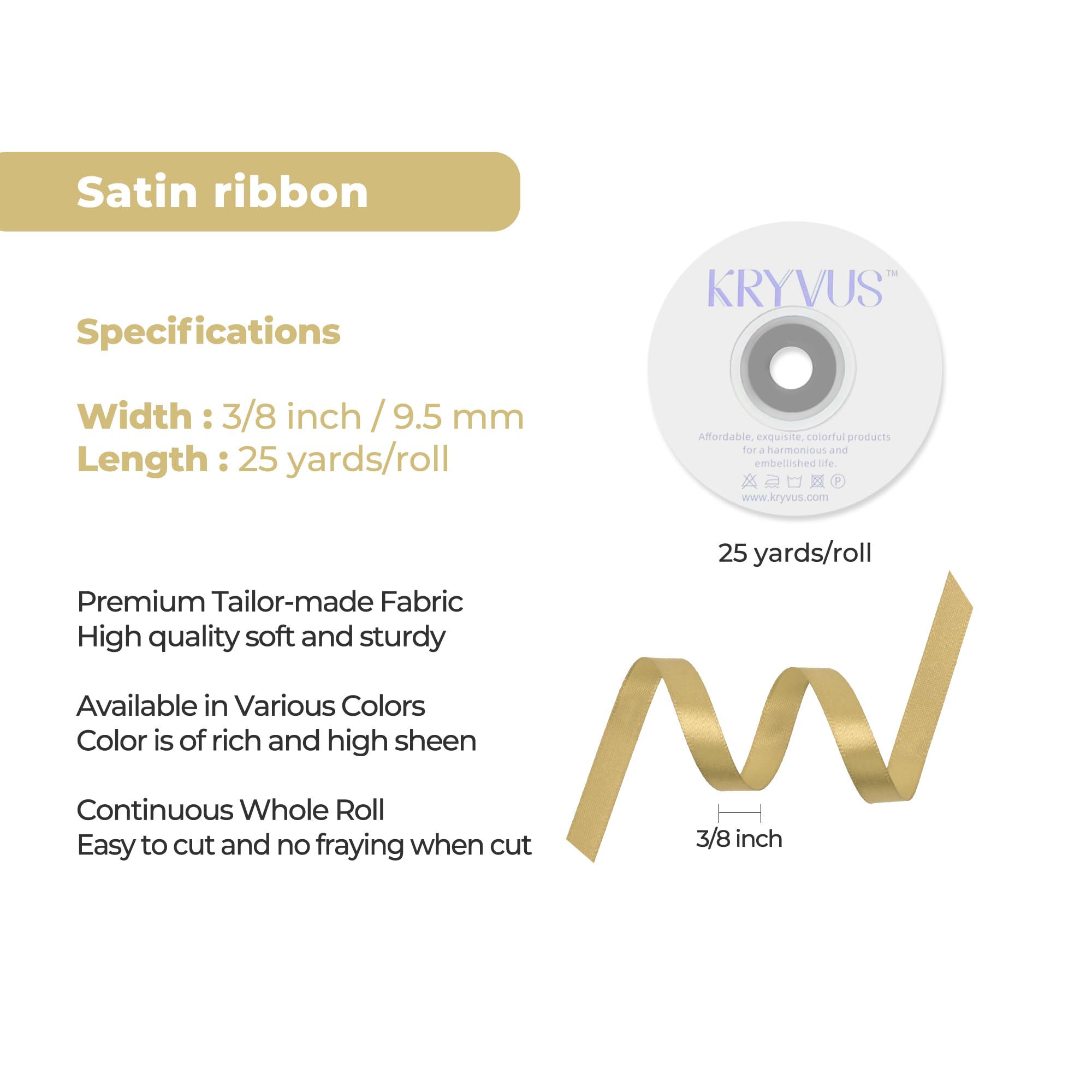 Kryvus Champagne Gold Satin Ribbon, 10mm x 22M Single Face Champagne Gold Ribbon - Image 3