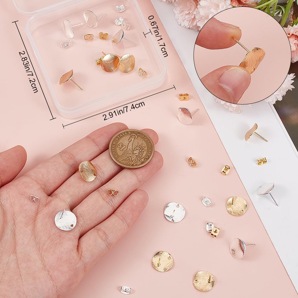 Beebeecraft 20Pcs 2 Colors Flat Round Stud Earring Findings 18K Gold&Silver Plated Brass Earring Post with Hole Butterfly Ear Back for Jewelry Making