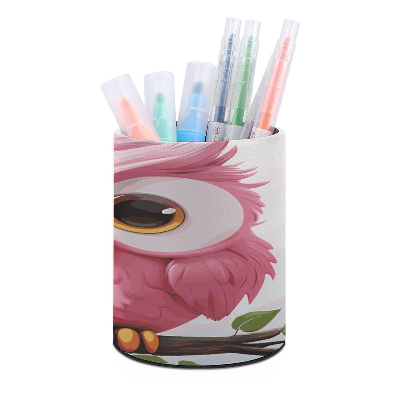 JTREHY A Pink Owl Pen Holder Round Pen Pencil Holder Makeup Brush Holders Cup PU Leather Pencil Cups Desktop Caddy Stationery Organizer Case Office Accessories Container Box