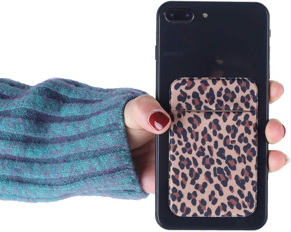 2Pack Adhesive Cell Phone Pocket,Credit Card Holder for Back of Phone,Stick on Card Wallet[Double Secure] with Sticker for iPhone,Android and All Smartphones with Top Flap (Brown Leopard)