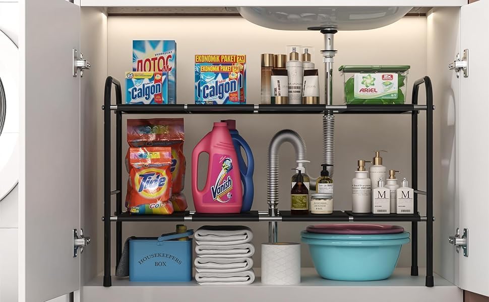 HEMOVIA Under Sink Organizers,Expandable Cabinet Shelf Organizer 2 Tier Under Storage Rack with Removable Panels,Plastic Storage Organizer Adjustable Kitchen Rack Holder (Black) (B0DCZB5MVL) Amazon Price History, Amazon Price Tracker