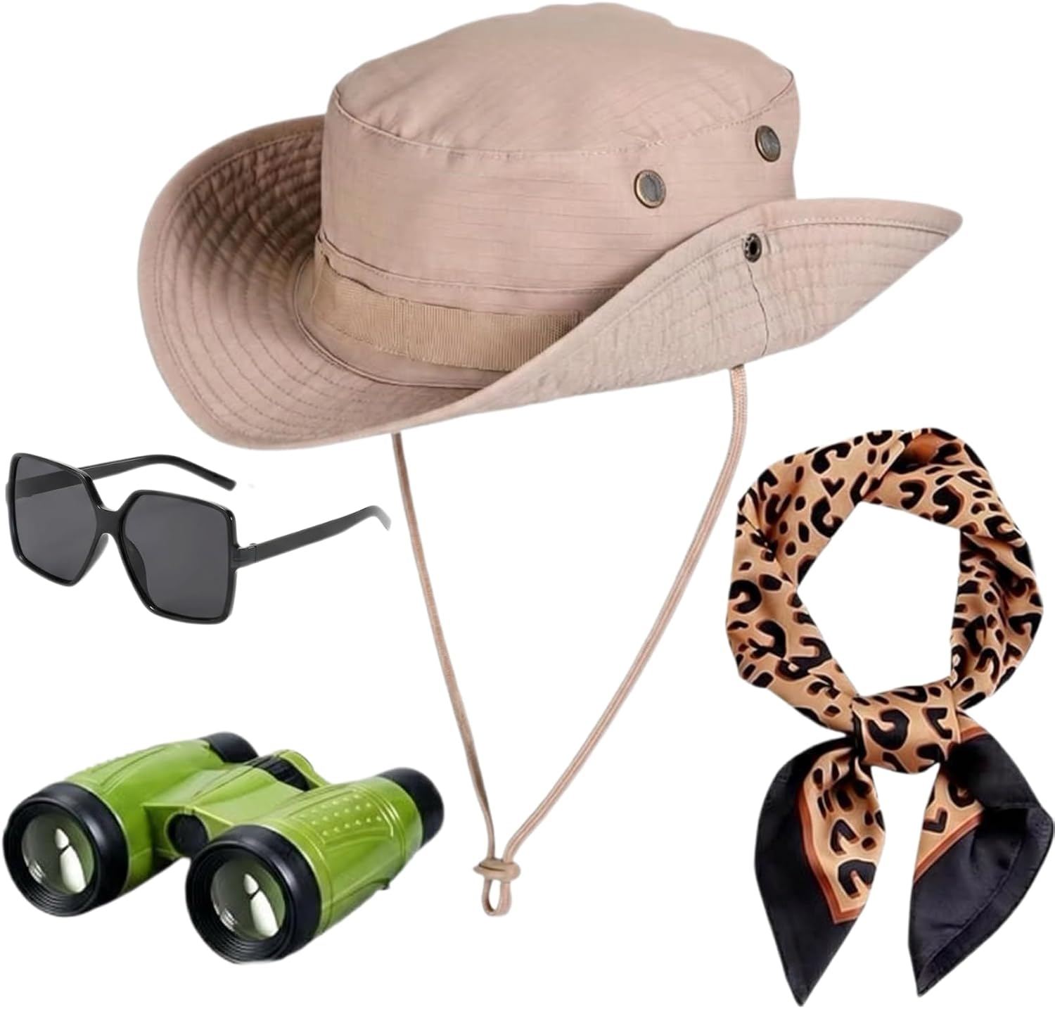 4Pcs Women Safari Costume Accessories Zoo Keeper Outfit Halloween Cosplay Sun Bucket Hat Leopard Scarf Binocular Black Glasses