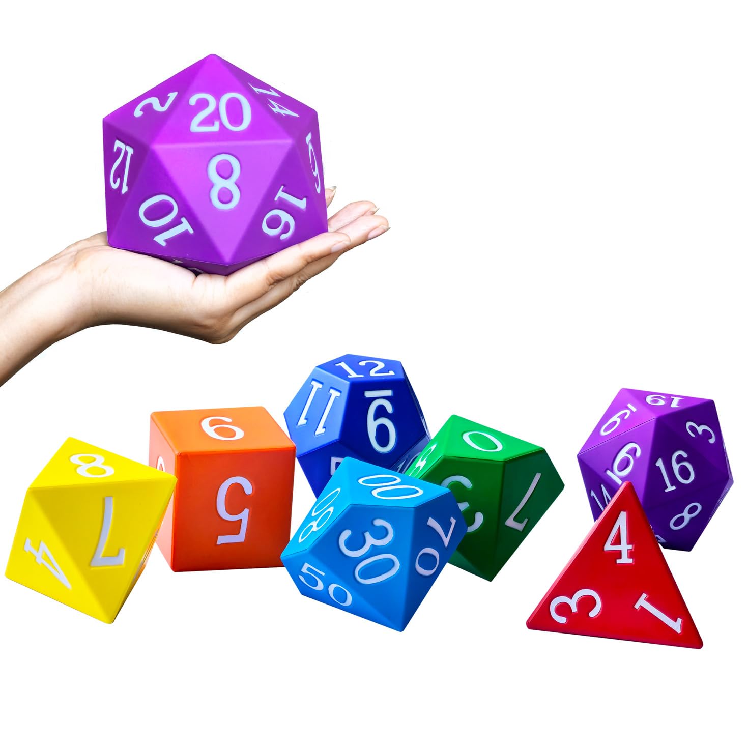 Set di 7 dadi poliedrici in schiuma Jumbo da 10 cm, grandi colori arcobaleno per giochi e risorse didattiche