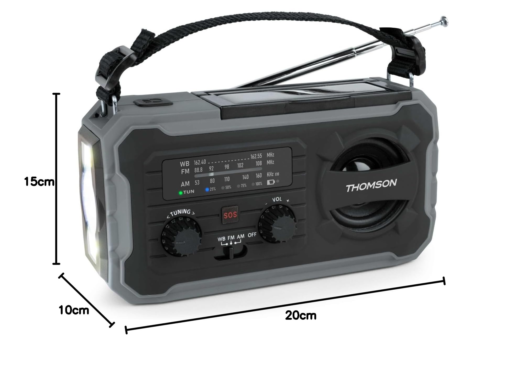 THOMSON Radio Solaire d’Urgence Portable, Survie Dynamo FM/AM, Lampe Torche LED, Alarme SOS, Batterie Rechargeable 4000mAh et Chargeur Smartphone USB-C, pour Camping, Dépannage – Gris - RT280G