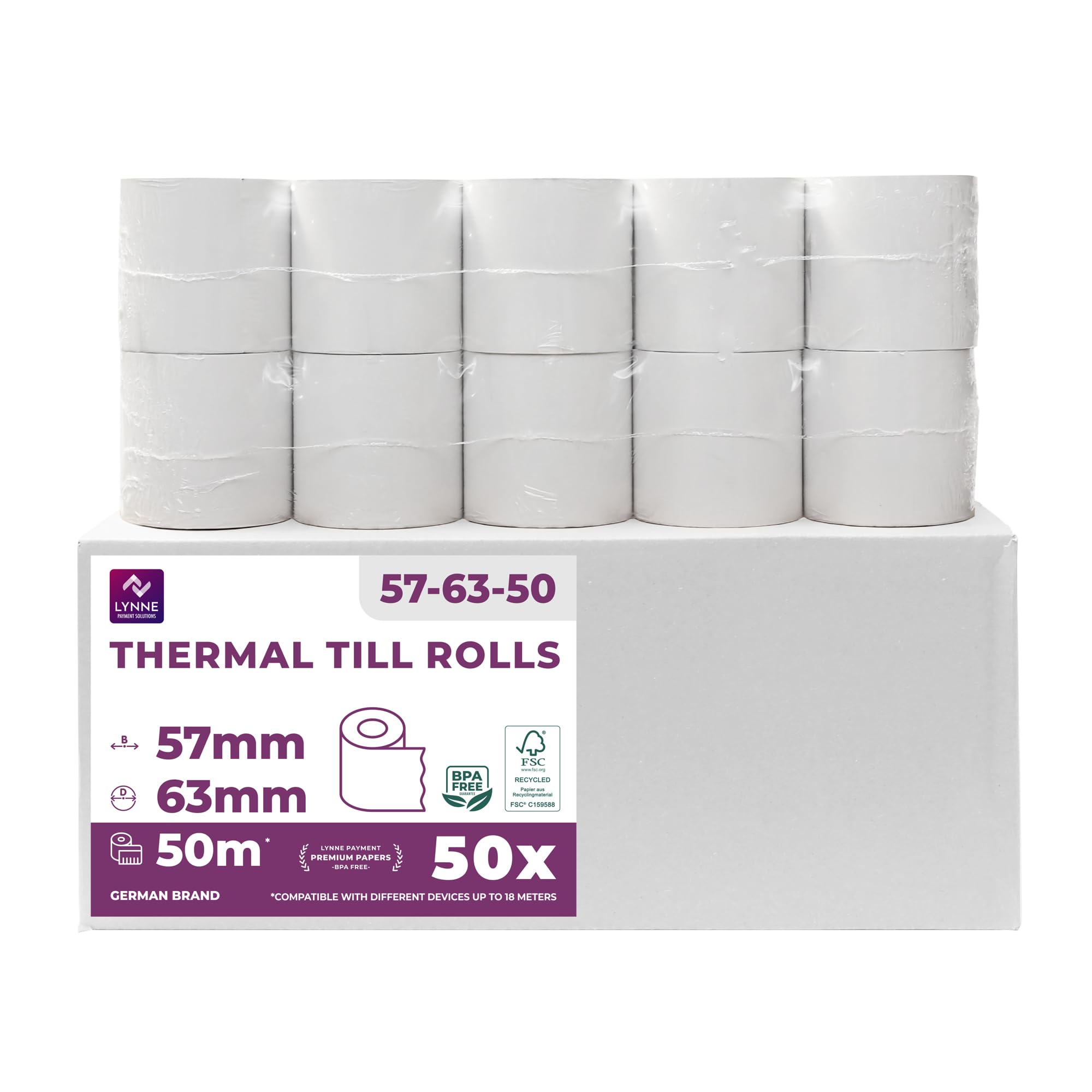 Papel térmico 57mm x 50m x 12mm - ideal para todas las cajas registradoras y TPV - Rollos para impresora térmica - (57x55x12) Blanco -Sin BPA (50 Rollos)