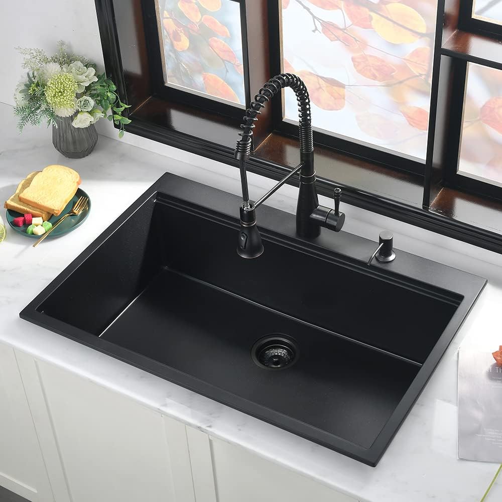 33 Inch Black Drop In Kitchen Sink Workstation-iAnomla 33x19 Drop In Kitchen Sinks Topmount Black Quartz Sink Single Bowl Deep Overmount Sinks with Cutting Board
