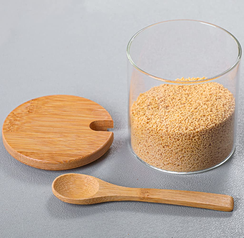 300ml/10oz 2PCS Glass Spice Jars Clear Glass Condiment Pots Seasoning Kitchen Storage Containers Salt Pepper Sugar Bowls Spice Herb Jars with Wooden Spoon and Lid - Image 3