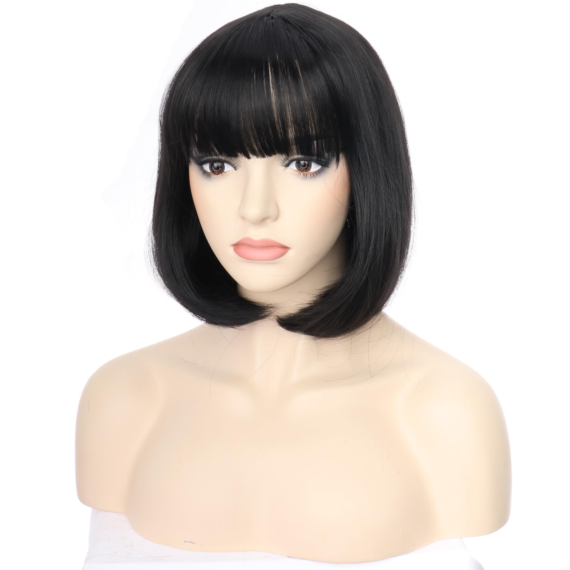 PORSMEER Short Black Bob Wigs with Fringe For Unisex Womens Natural Synthetic Hair Colorful Costume Cosplay Wig for Anime Halloween Fancy Dress Party+Wig Cap - Image 4