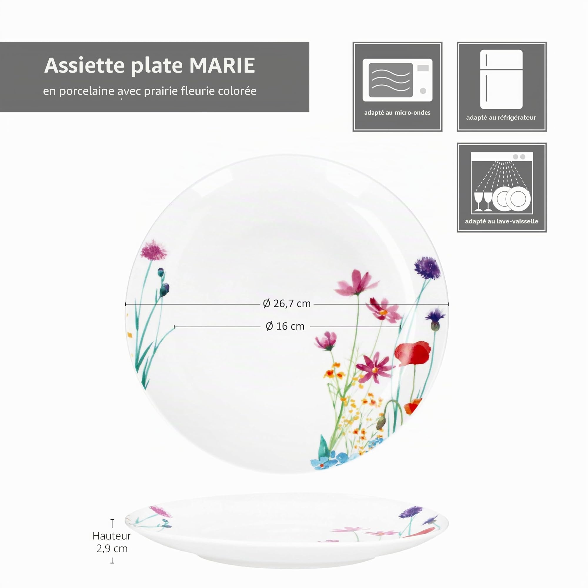 MamboCat Marie Lot de 6 assiettes plates, diamètre 26,7 cm, porcelaine, décor prairie florale, pour 6 personnes, grandes assiettes repas principaux barbecues