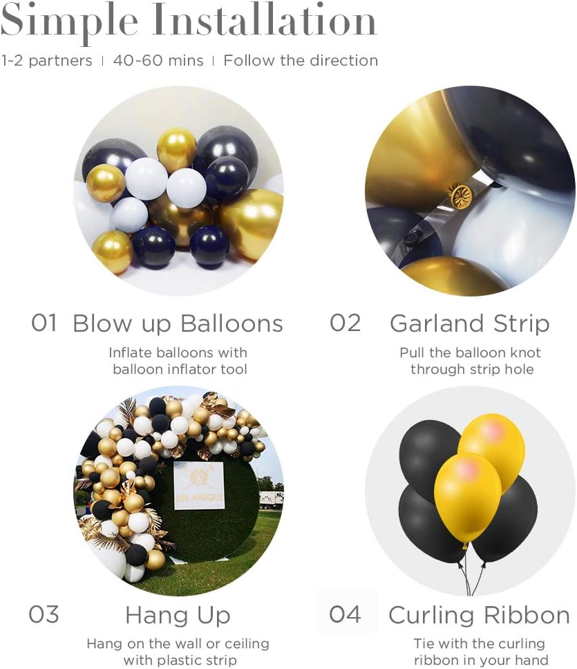 Black and Gold Balloon Arch Wreath Kit - Macaron Black Balloons Metallic Gold Balloons White Balloons 132Pcs Suitable for Graduation, Retirement, Birthday Party