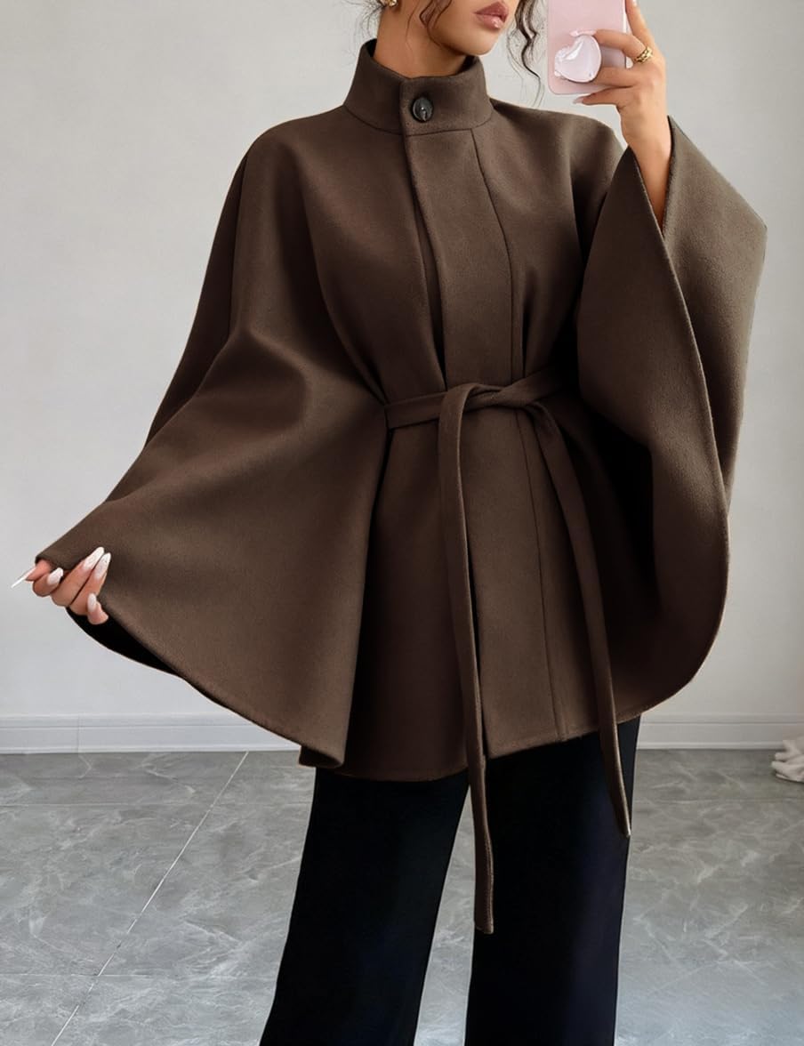 Mywinway Batwing Sleeve Cape Coat for Women Fall Winter Trendy Shlaw Poncho Peacoat Casual Belted Cloak Cape Wool Jackets