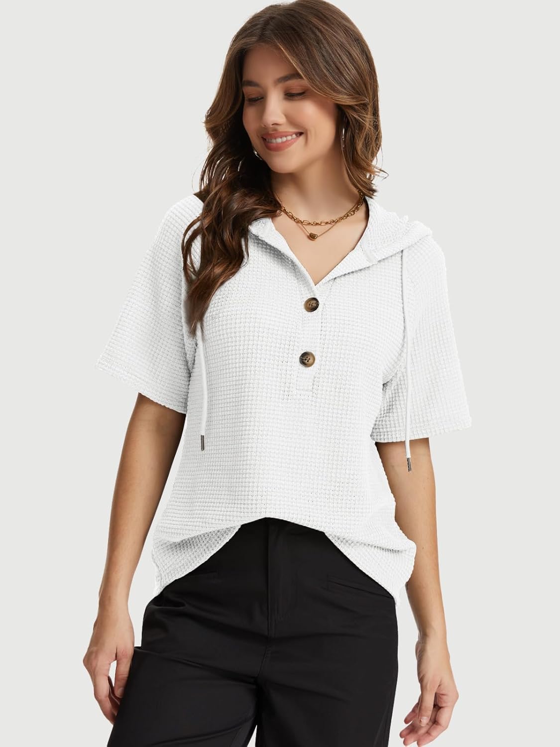 Hoodies Sweatshirt for Women Waffle Long Sleeve Oversized Sweaters Drawstring Button V Neck Casual Pullover Tops - Image 2