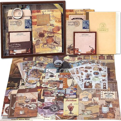 Image of MGNLR Vintage Aesthetic Scrapbook Kit(346Pcs) Scrapbooking Supplies Kit with Bullet Junk Journal,Stationery,A6 Grid Notebook Journaling Gift for Girl (Coffee Scrapbook), Paper