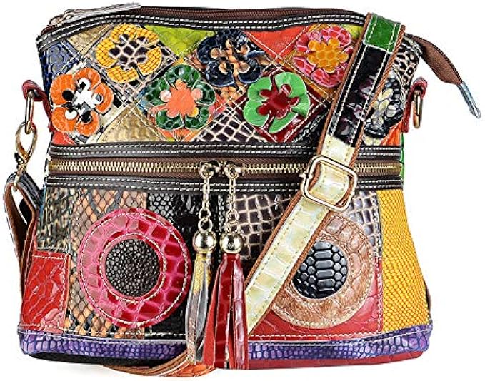 Women’s Multicolor Floral Crossbody Bag, Cowhide Leather Handbag Colorful Purses